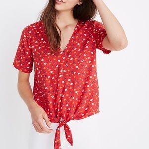 Madewell Red Floral Tie Front Short Sleeve Top